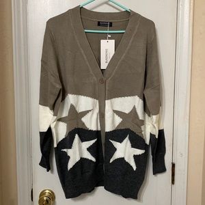 BloomChic Colorblock Contrast Star Print Pointelle Knit Cardigan NWT Size 14-16